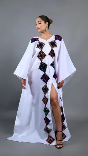 White kaftan Boubou maxi dress with cut out sequin.