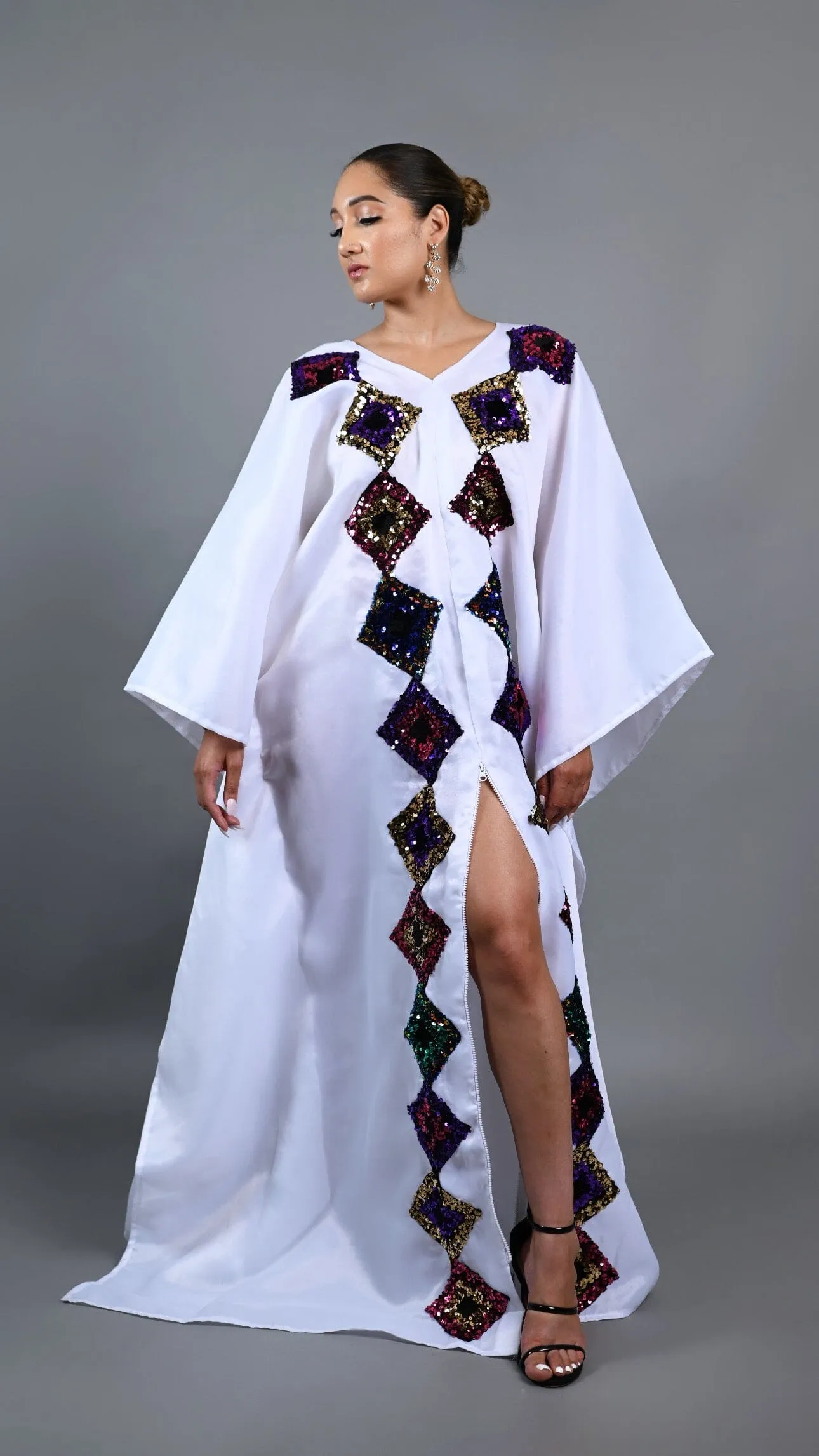 White kaftan Boubou maxi dress with cut out sequin.
