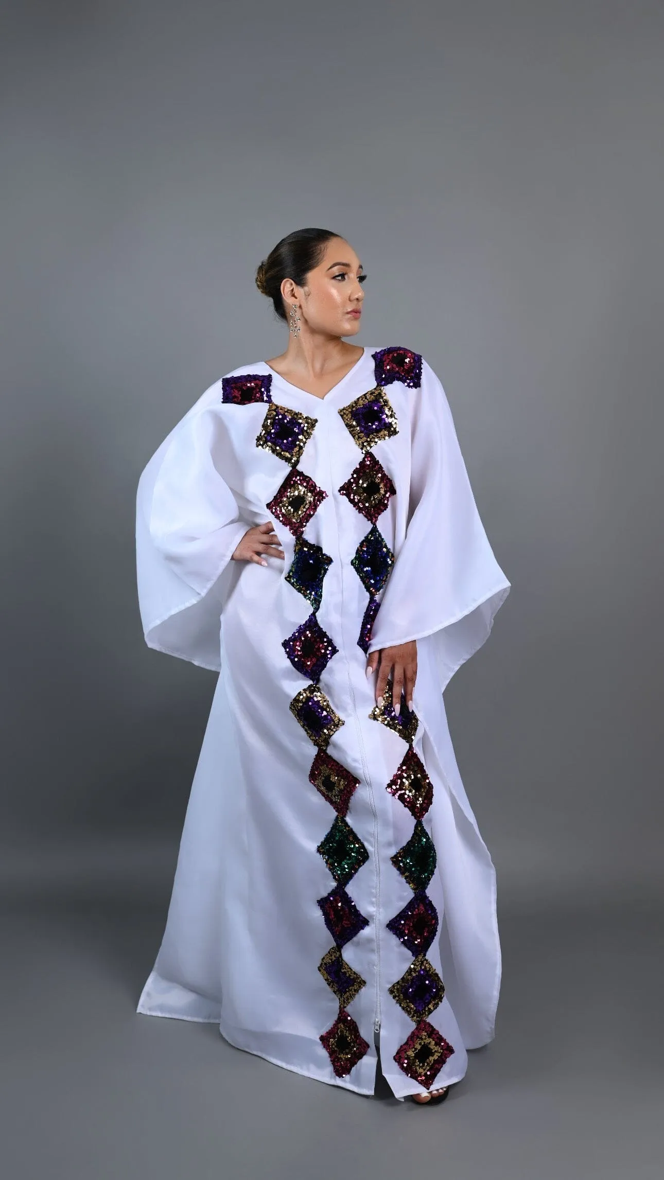 White kaftan Boubou maxi dress with cut out sequin.