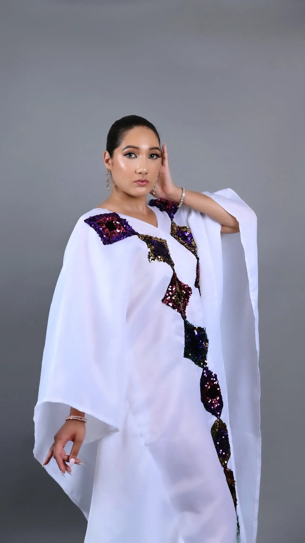White kaftan Boubou maxi dress with cut out sequin.