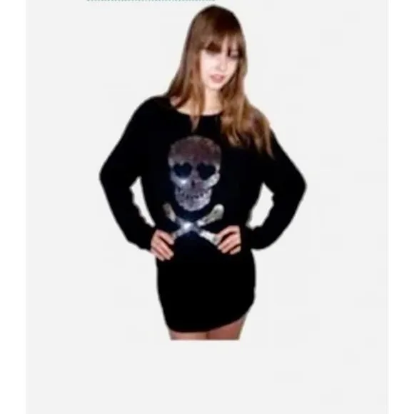 Wildfox Love Skull Angora Blend Sequin Sweater Dress XS Black