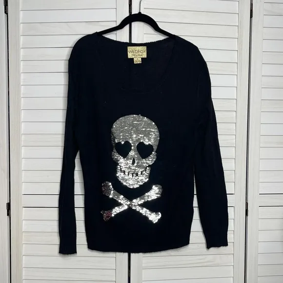 Wildfox Love Skull Angora Blend Sequin Sweater Dress XS Black