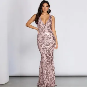 Windsor Lilac Paisley Formal Sequin Leaf Maxi Dress Gown Sz