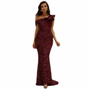 Wine Red Sequin Prom Dress Long Evening Party Dress