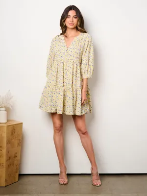 WOMEN'S 3/4 SLEEVE V-NECK FIT & FLARE TUNIC FLORAL MINI DRESS