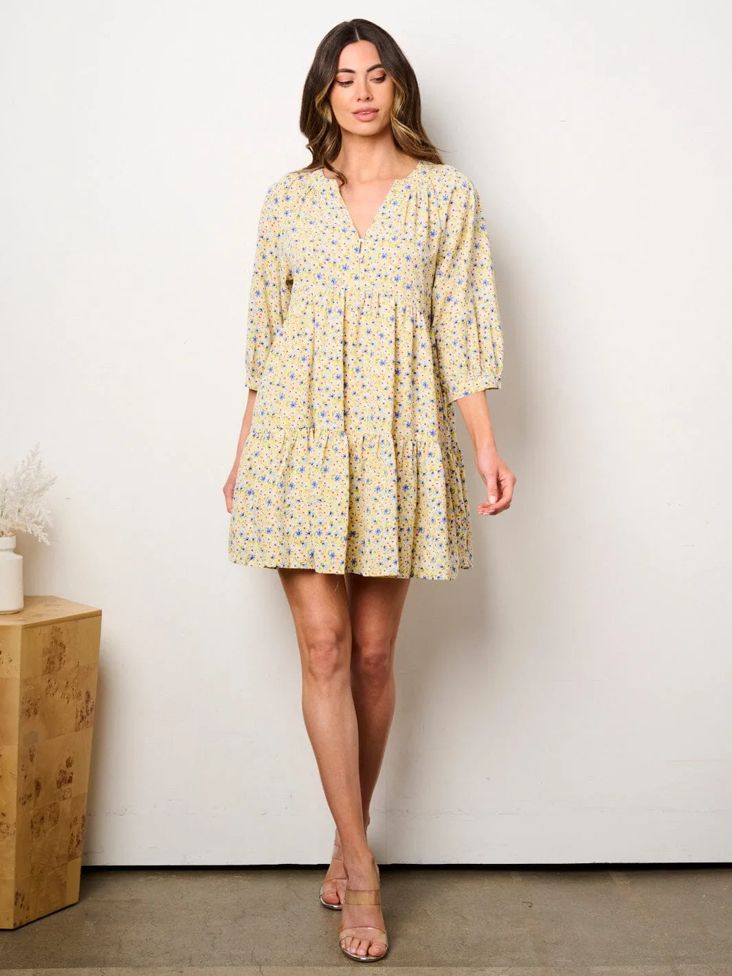 WOMEN'S 3/4 SLEEVE V-NECK FIT & FLARE TUNIC FLORAL MINI DRESS
