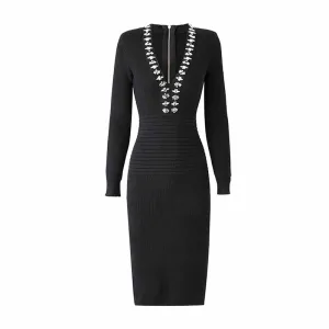 Women's Deep V Sweater Midi Dress Black Body-con Dress