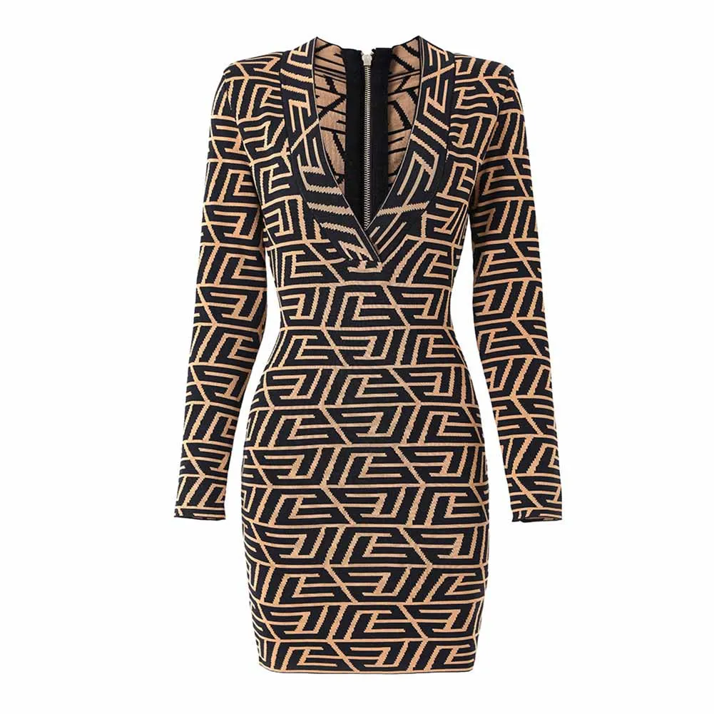 Women's long sleeve knitted minidress Black Yellow striped elegant dress