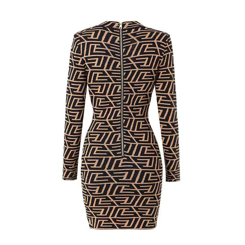 Women's long sleeve knitted minidress Black Yellow striped elegant dress