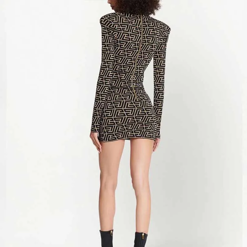 Women's long sleeve knitted minidress Black Yellow striped elegant dress