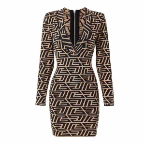 Women's long sleeve knitted minidress Black Yellow striped elegant dress