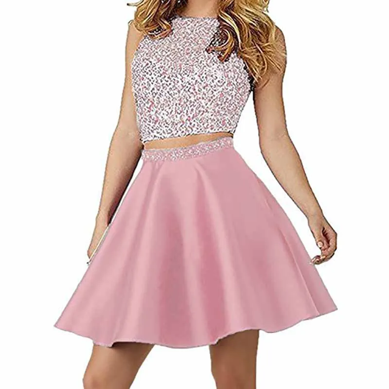 Women's Sequin Glitter Two Piece Mini Club Cocktail Party Swing Dress