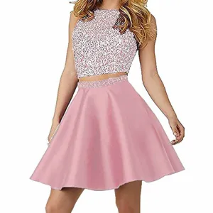 Women's Sequin Glitter Two Piece Mini Club Cocktail Party Swing Dress