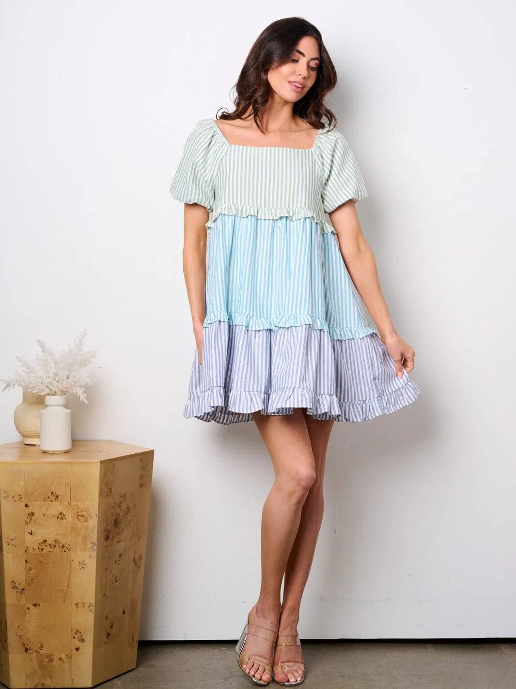 WOMEN'S SHORT PUFF SLEEVE FIT & FLARE COLORBLOCK STRIPES TUNIC MINI DRESS