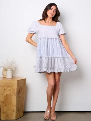WOMEN'S SHORT PUFF SLEEVE FIT & FLARE COLORBLOCK STRIPES TUNIC MINI DRESS