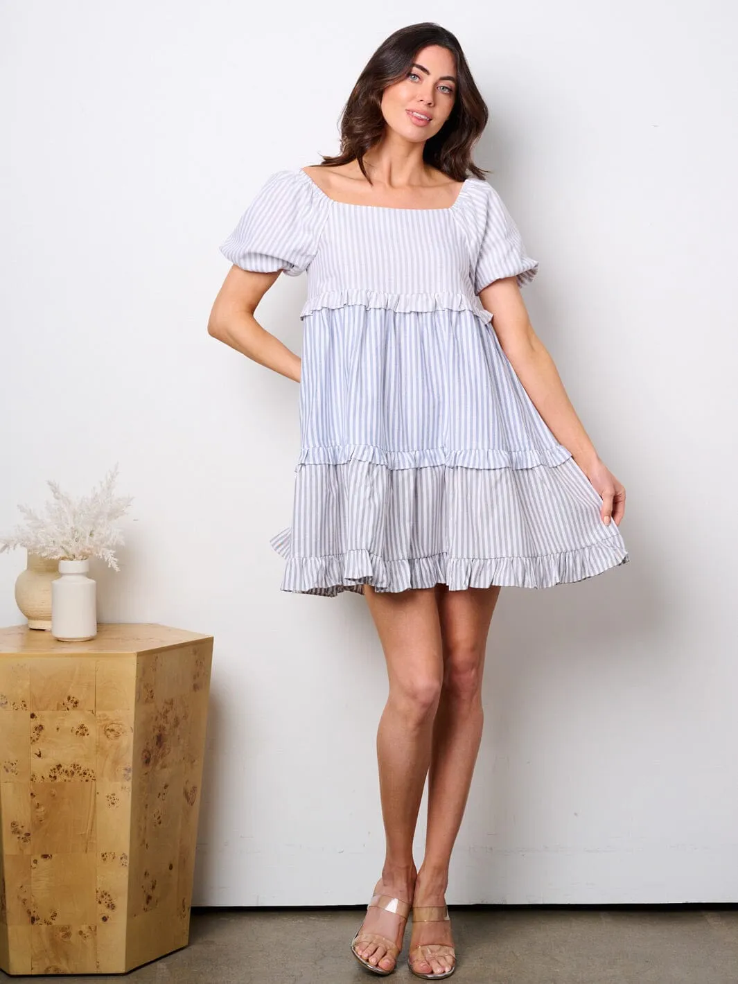 WOMEN'S SHORT PUFF SLEEVE FIT & FLARE COLORBLOCK STRIPES TUNIC MINI DRESS