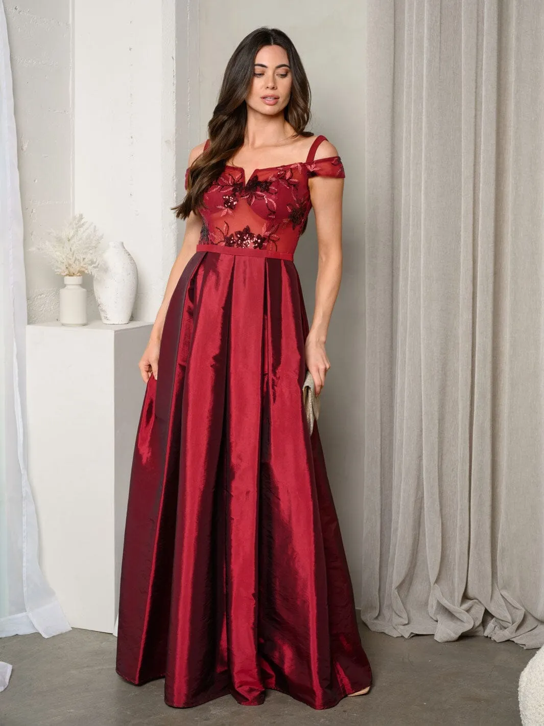 WOMEN'S SHORT SLEEVE EMBROIDERY MESH SATIN GOWN DRESS