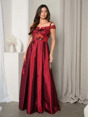 WOMEN'S SHORT SLEEVE EMBROIDERY MESH SATIN GOWN DRESS