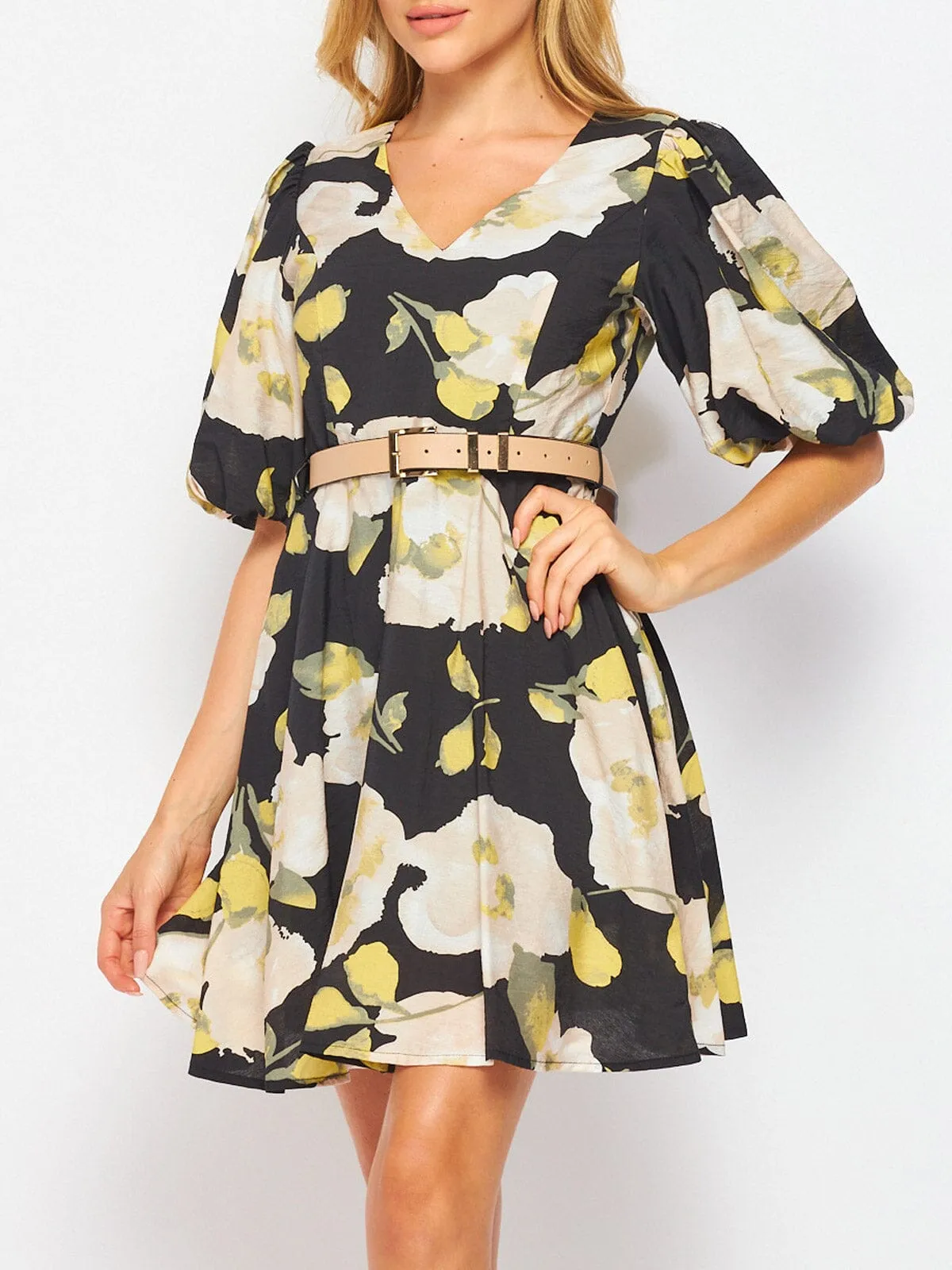 WOMEN'S SHORT SLEEVE V-NECK BELTED FIT & FLARE FLORAL MINI DRESS