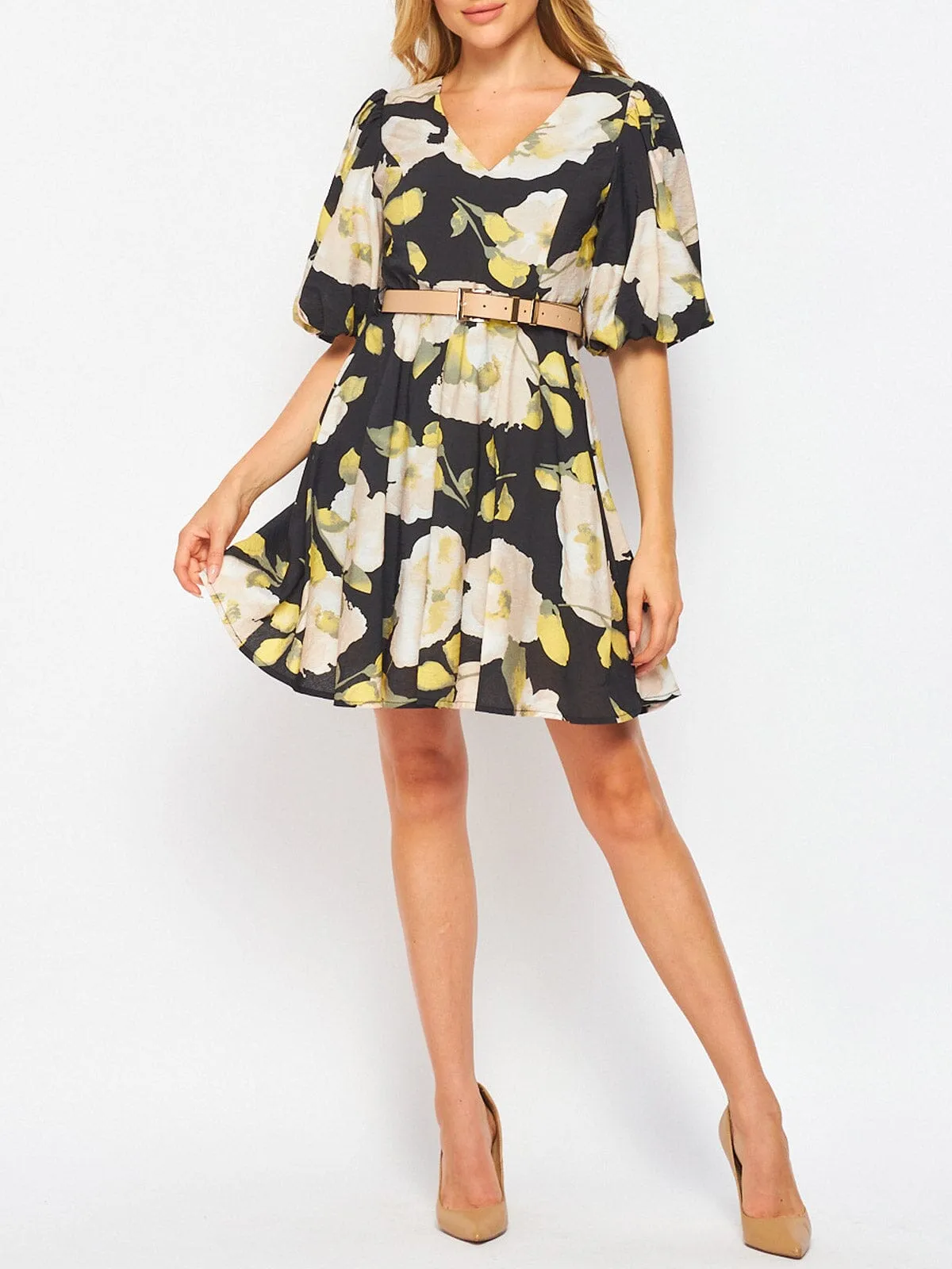 WOMEN'S SHORT SLEEVE V-NECK BELTED FIT & FLARE FLORAL MINI DRESS
