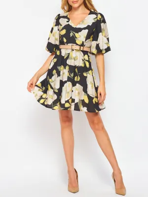 WOMEN'S SHORT SLEEVE V-NECK BELTED FIT & FLARE FLORAL MINI DRESS