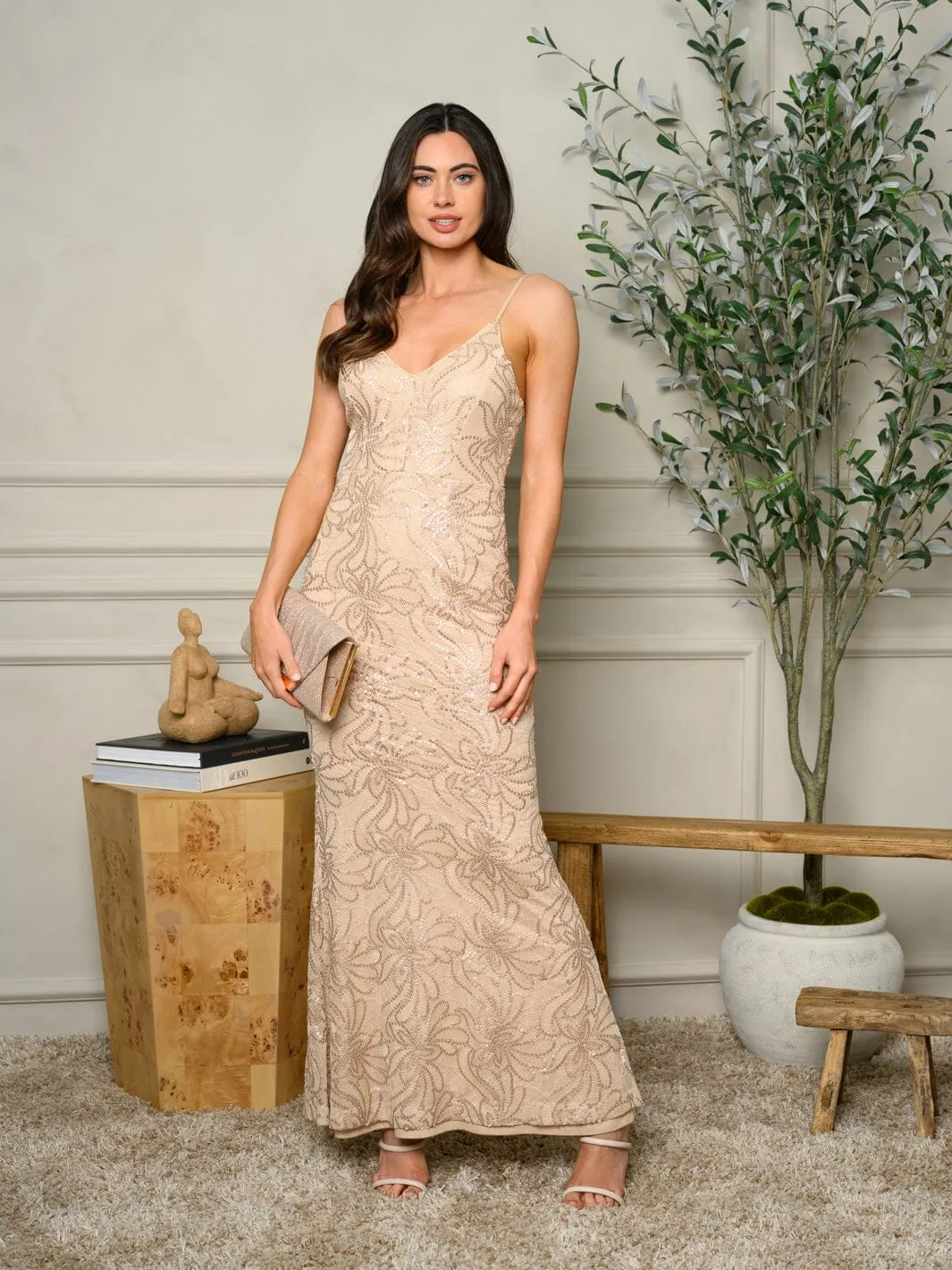 WOMEN'S SLEEVELESS BODYCON V-NECK SEQUIN MAXI DRESS