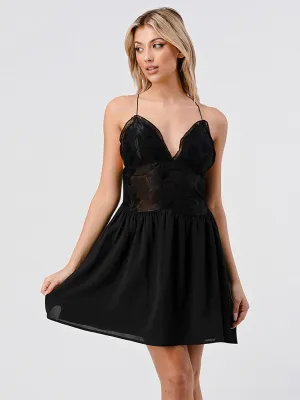 WOMEN'S SLEEVELESS V-NECK OPEN BACK MESH FIT & FLARE MINI DRESS