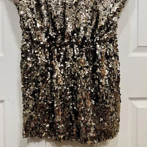 Y2K Arden B Gold Sequin Mini Dress Drape Top Bodycon Skirt Dolman Sleeve Size S