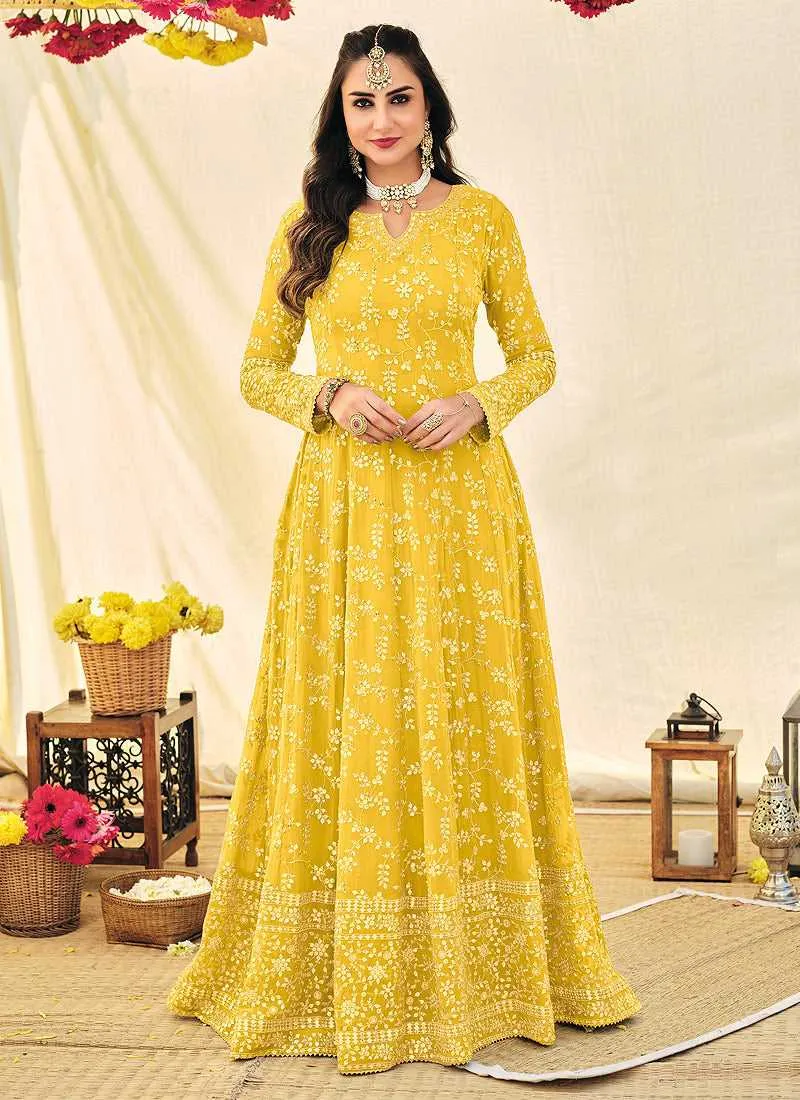 Yellow and Gold Heavy Embroidered Kalidar Anarkali