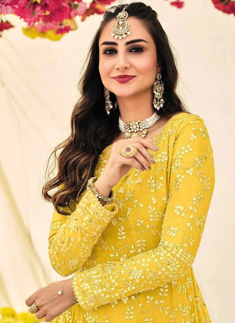 Yellow and Gold Heavy Embroidered Kalidar Anarkali