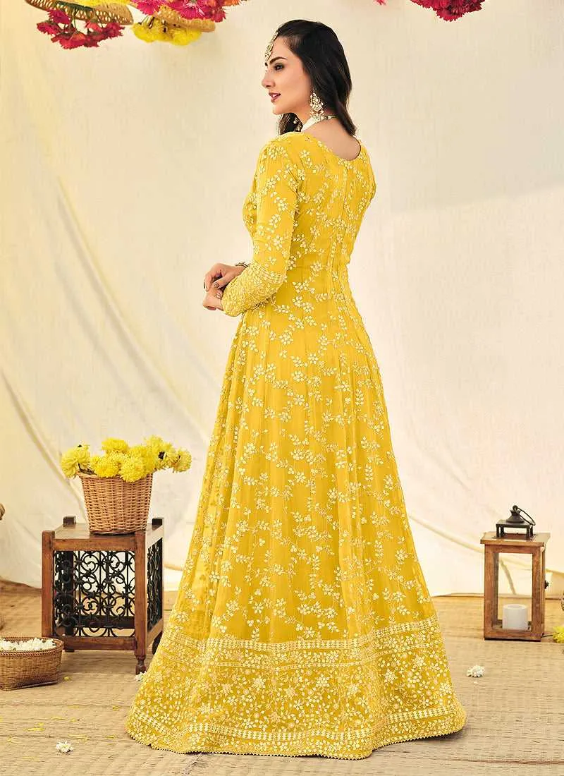 Yellow and Gold Heavy Embroidered Kalidar Anarkali