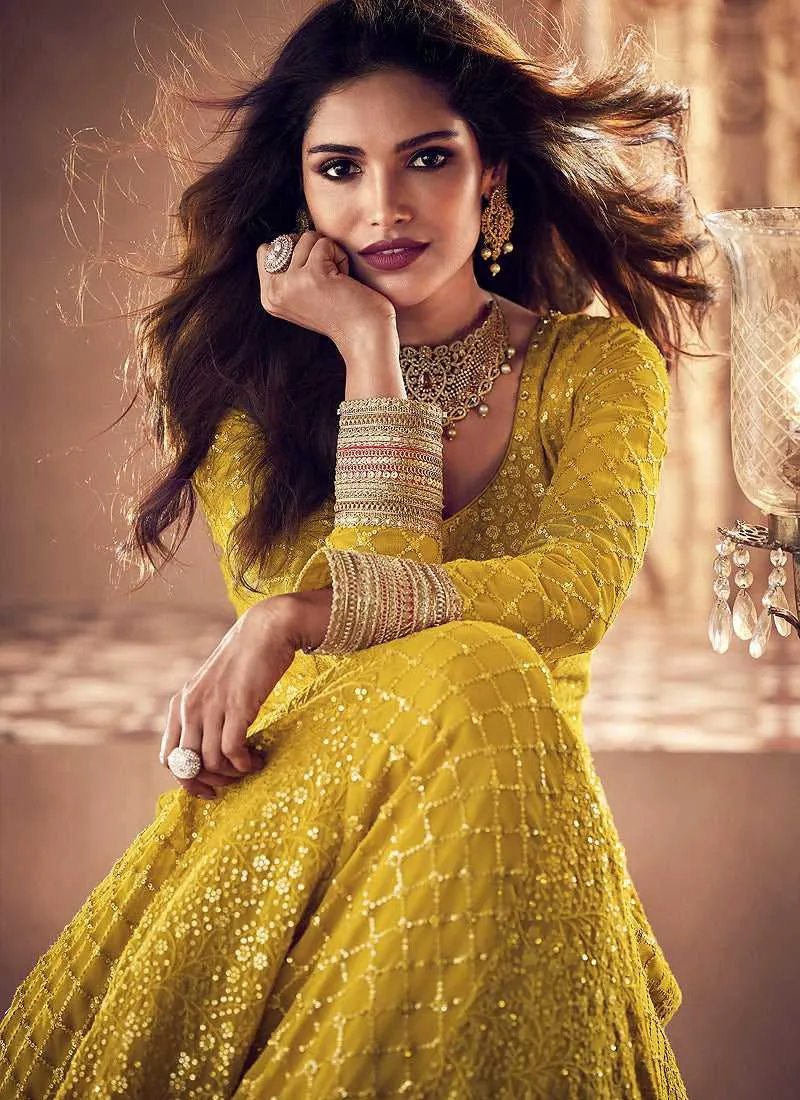 Yellow and Gold Heavy Embroidered Kalidar Gown Style Anarkali