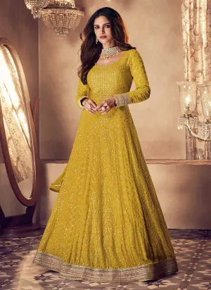 Yellow and Gold Heavy Embroidered Kalidar Gown Style Anarkali