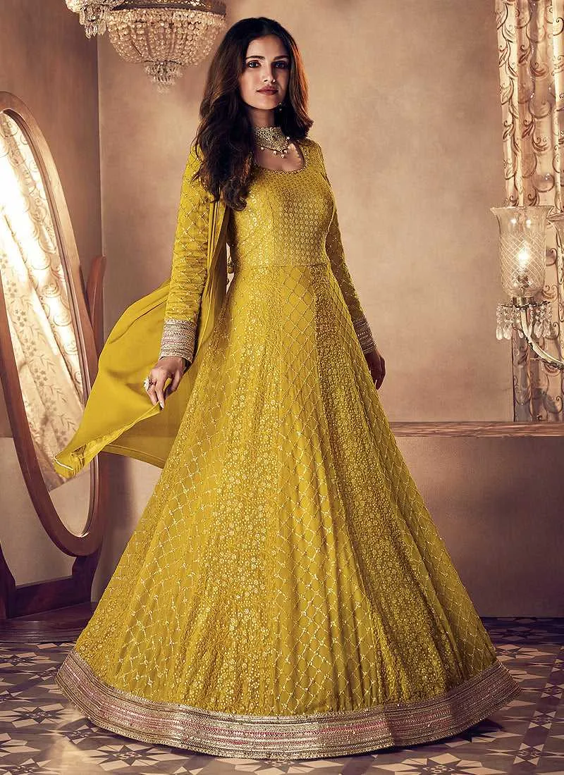 Yellow and Gold Heavy Embroidered Kalidar Gown Style Anarkali