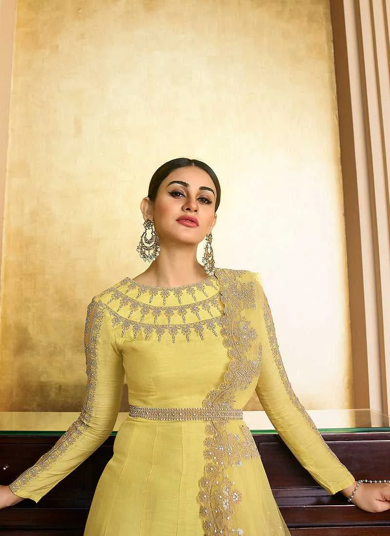 Yellow Heavy Neck Embroidered Gown Style Anarkali