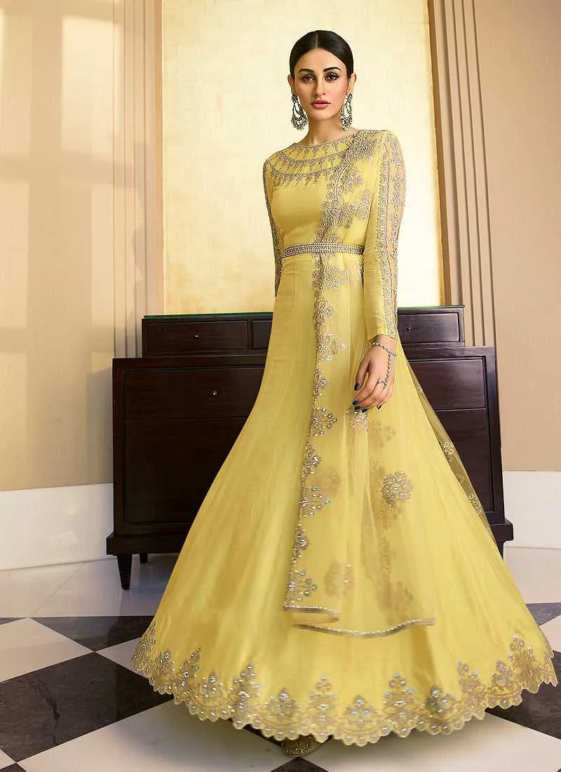 Yellow Heavy Neck Embroidered Gown Style Anarkali