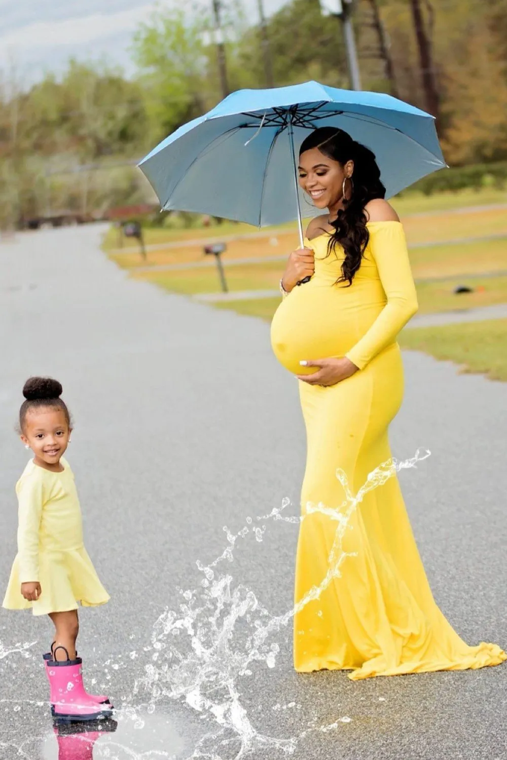 Yellow Maternity Dress Off-the-shoulder Long Sleeve
